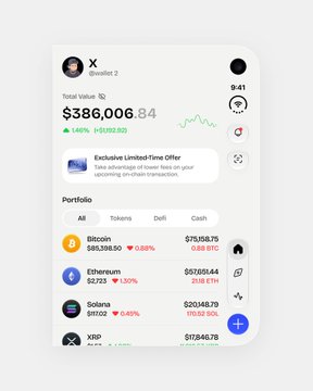 A mobile app interface showing a crypto portfolio with a total value of $386,006.34, displaying holdings in Bitcoin ($75,518.75), Ethereum ($57,009.44), Solana ($20,148.79), and XRP ($17,840.78).