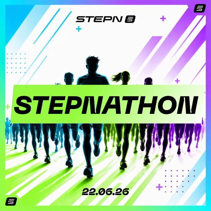 A promotional graphic for 'STEPNATHOM' and 'STEPN' featuring silhouettes of runners with a date '22.06.26' and the Solana logo, set against a bright, multi-colored background.
