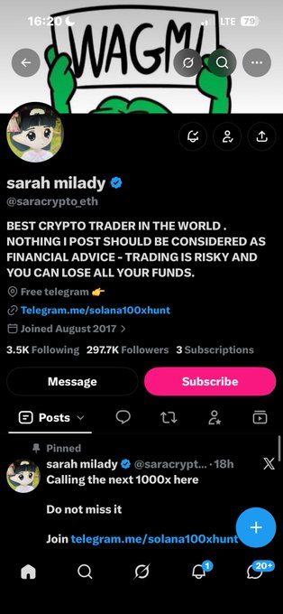 A screenshot of an X (formerly Twitter) profile for 'sarah milady' (@saracrypto_eth) claiming to be the 'BEST CRYPTO TRADER IN THE WORLD,' promoting a Telegram channel (t.me/solana100xhunt), with a pinned post mentioning a '1000x' call and a 'WAGMI' banner image at the top.