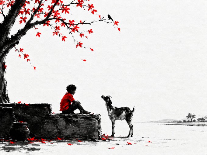 An artistic black, white, and red watercolor painting depicting a child in a red shirt sitting on a stone ledge under a maple tree with red leaves, facing a black and white goat, while a small bird perches on a branch above.
