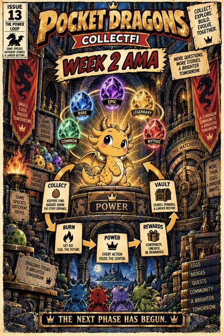 A vibrant poster for 'POCKET DRAGONS COLLECTFI - WEEK 2 AMA' features a golden dragon and various colored eggs labeled with rarities like 'EPIC' and 'MYTHIC'.