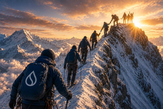 A group of climbers ascends a snowy mountain ridge toward the summit at sunset, with a logo resembling a water drop visible on the backpack of the climber in the foreground.