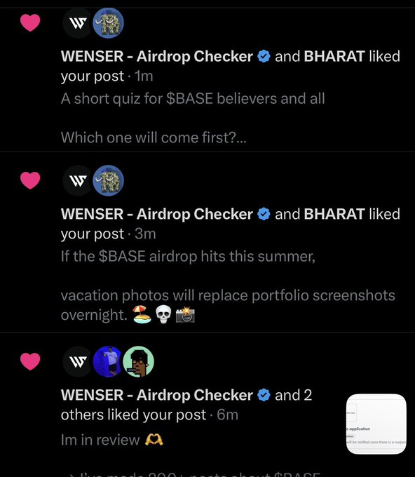 The image shows a social media post from a Twitter account, which has been reposted multiple times by users. The post contains text that reads "Noticed something interesting... →Wenser has interacted with multiple of my $BASE posts. → I think the checker is trying to tell us something Wen $BASE @wenserapp". This message seems to be a response from one of the users who has reposted the original post, and it appears that they are interested in what the checker has to say. The account's followers have been engaging with this post by liking and reposting it, indicating that the content is popular or intriguing enough for them to share it with others on social media platforms.