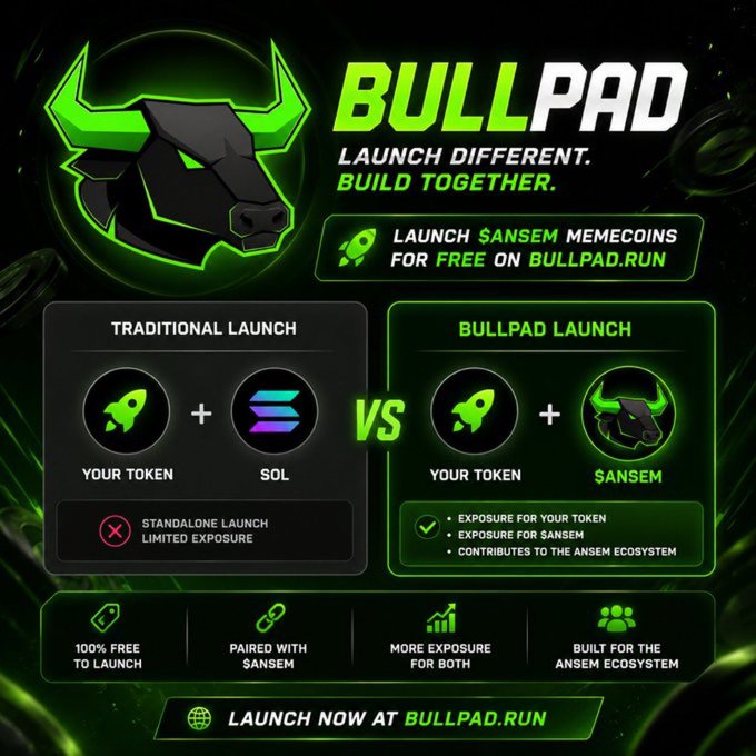 A promotional graphic for "BULLPAD" featuring a bull logo, with text "LAUNCH DIFFERENT. BUILD TOGETHER." and "LAUNCH $ANSEM MEMECOINS FOR FREE ON BULLPAD.RUN", comparing traditional token launches with BullPad launches.