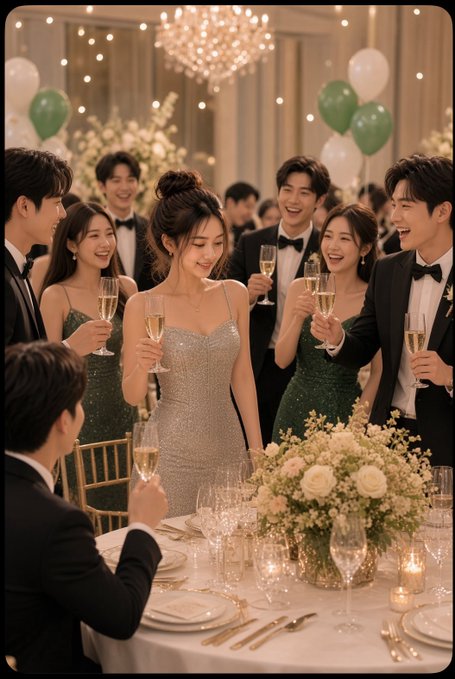 A formal gala or wedding reception scene features young people in elegant attire—black tuxedos and green and silver dresses—raising champagne glasses in a toast at a beautifully decorated table.