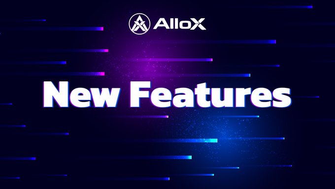 A dark blue and purple digital graphic with motion lines displaying the logo 'AlloX' at the top and the text 'New Features' prominently in the middle.