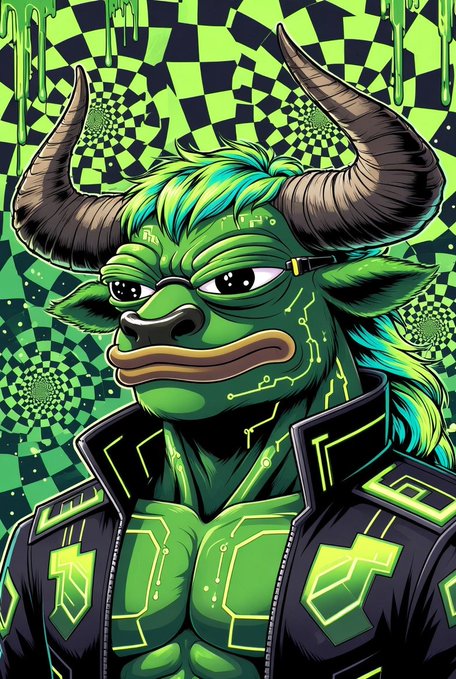 A stylized digital illustration of a green horned creature with glowing circuit-like patterns wearing a dark jacket, set against a checkered green background.