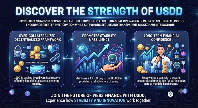 A promotional graphic titled 'DISCOVER THE STRENGTH OF USDD' highlighting an over-collateralized decentralized framework, stability, and long-term financial confidence, with a call to 'JOIN THE FUTURE OF WEB3 FINANCE WITH USDD.'