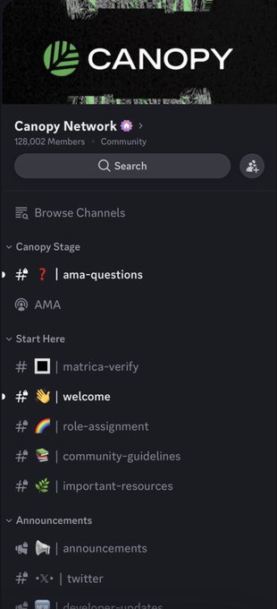 A screenshot of the Canopy Network Discord server shows it has 128,002 members with channels organized under categories like 'Canopy Stage,' 'Start Here,' and 'Announcements,' including channels for ama-questions, welcome, and twitter.
