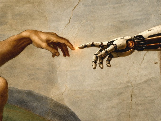 A robotic hand reaches out to touch a human hand, echoing Michelangelo's "Creation of Adam" against a weathered fresco background, with the Bitcoin logo visible on the robot's wrist. The fusion of classical art and futuristic machinery visually represents the post's message—that Bitcoin will bridge the gap between artificial intelligence and human experience by teaching machines the concepts of scarcity, mortality, and ultimately empathy.