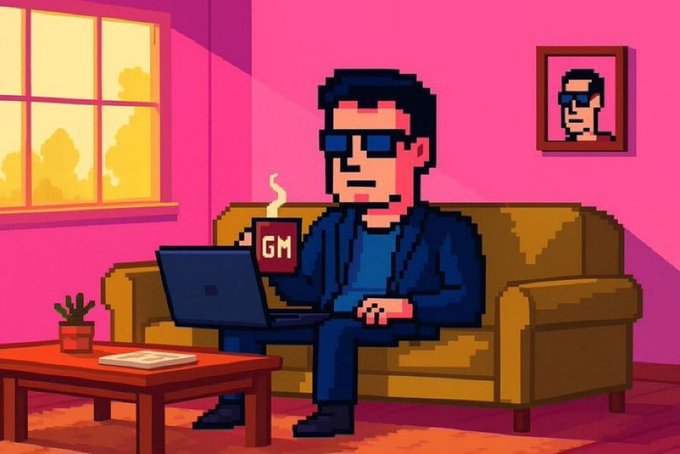 A pixel-art illustration shows a man wearing sunglasses, sitting on a couch with a laptop, holding a coffee mug labeled "GM" while a framed portrait of himself hangs on the pink wall behind him—capturing the "GM" (good morning) crypto greeting and the relatable sentiment of guessing Bitcoin's next move.