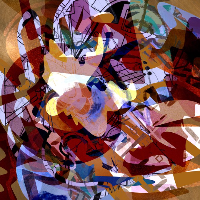 An abstract digital artwork composed of overlapping translucent shapes in red, blue, yellow, and purple hues with a mix of geometric and organic forms.