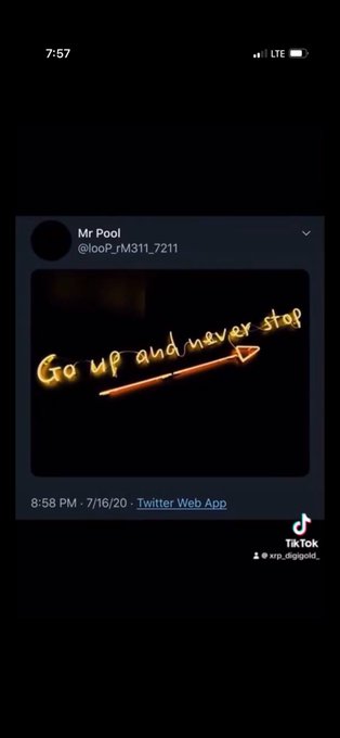 Screenshot of a tweet by @loop2_rM311_7211 (Mr Pool) with the handwritten-style message 'Go up and never stop' in neon colors.