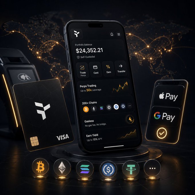 A promotional image showing a crypto/finance app displaying a portfolio balance of $24,352.21 with features like Perps Trading (50x leverage), 200+ chains, and Earn Yield up to 19% APY, alongside a Visa card and Apple/Google Pay icons.