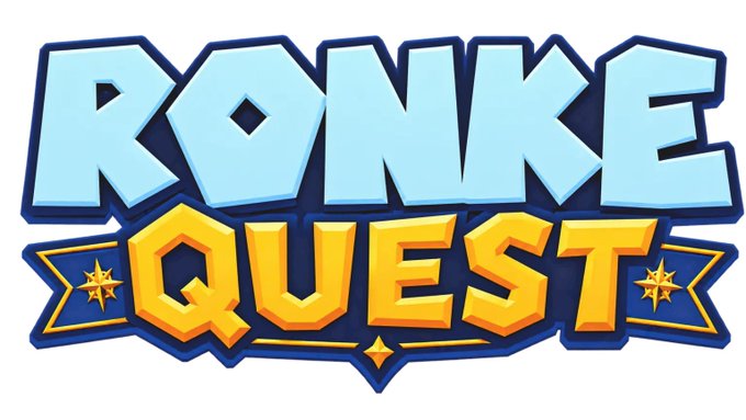 The 'RONKE QUEST' logo displayed in bold blue and gold cartoon-style lettering with star decorations.