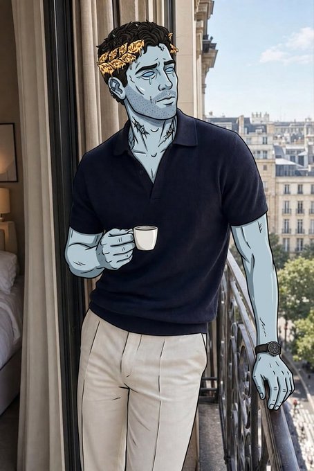 A stylized illustration of a muscular man with pale blue skin, wearing a golden laurel wreath, a navy polo shirt, and cream pants, holding a small white cup on a Parisian balcony overlooking Haussmann-style buildings.