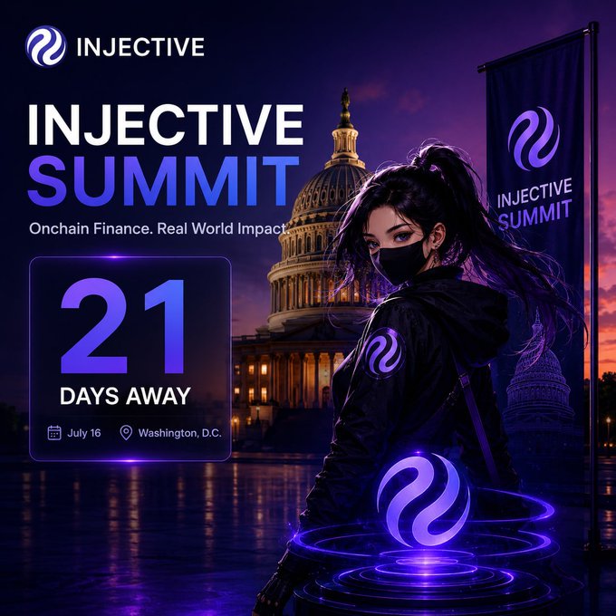A promotional graphic for the Injective Summit features a masked, anime-style character standing before the U.S. Capitol in Washington, D.C., with a glowing purple Injective logo and a banner reading "INJECTIVE SUMMIT." The text highlights the event's tagline "Onchain Finance. Real World Impact" and displays a countdown of "21 DAYS AWAY" for July 16, matching the post's excitement about the impressive lineup of confirmed speakers just three weeks before the event.