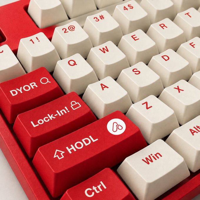 A red and white keyboard features custom keys labeled "DYOR," "Lock-In!" with a padlock icon, "HODL" with an upward arrow, and a double-arrow symbol, replacing typical typing keys to reinforce the crypto trading mindset promoted in the post. The "HODL" key, paired with the "Win" and "Alt" keys, visually echoes the caption's message that holding $ATOK earned through missions is the strategic play.