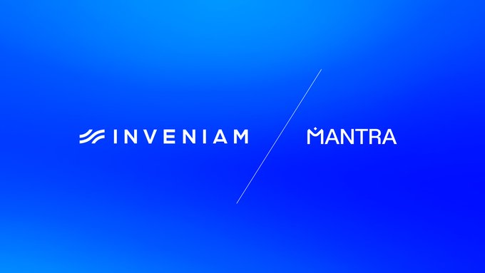 The image features a blue background with white text that reads "Innovation" and "MANTRA", indicating a partnership between two companies, one of which is MANTRA. The image also includes a caption about an upcoming AMA event where they will be announcing their partnerships over six weeks.