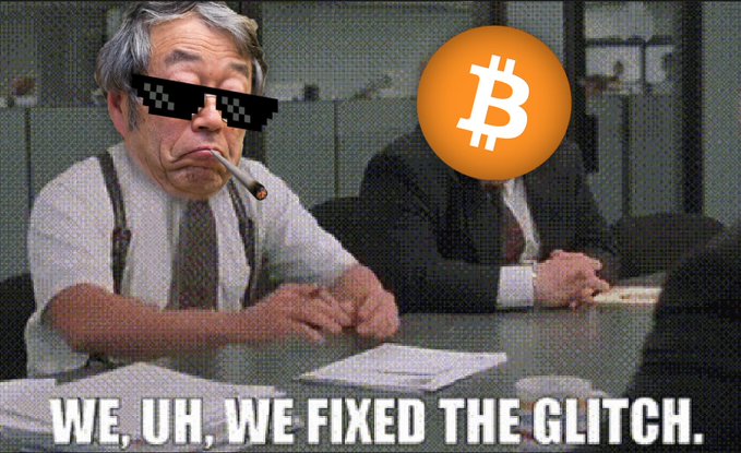 A 'deal with it' style meme featuring an older man smoking a cigarette at a desk wearing pixelated 'thug life' sunglasses, with a Bitcoin logo and the caption 'WE, UH, WE FIXED THE GLITCH.'