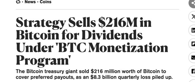A news article headline reading 'Strategy Sells $216M in Bitcoin for Dividends Under 'BTC Monetization Program'' with a subheading explaining the sale was to cover preferred payouts amid an $8.3 billion quarterly loss.