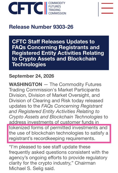 A CFTC (Commodity Futures Trading Commission) press release dated September 24, 2026, titled 'Release Number 9303-26', with a highlighted section regarding investments in tokenized forms of permitted investments and blockchain technologies.