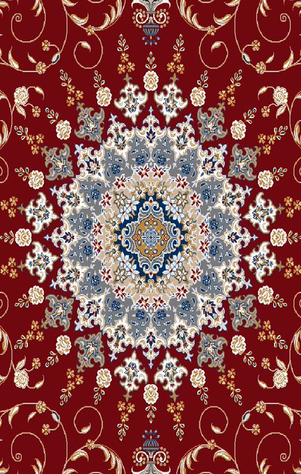 An ornate red Persian-style carpet featuring a symmetrical mandala pattern with floral motifs and blue, gold, and white accents.