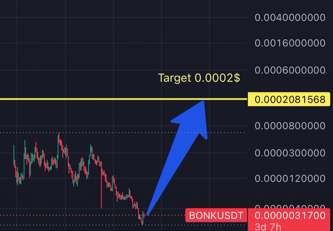 Cryptocurrency chart for BONKUSDT showing a price target of 0.0002$ with an arrow pointing up from the current 3d 7h timeframe.
