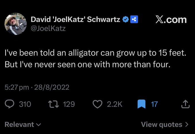 A screenshot of a tweet from David 'JoelKatz' Schwartz (@JoelKatz), Ripple's CTO, dated 28/8/2022 at 5:27 pm, reading: "I've been told an alligator can grow up to 15 feet. But I've never seen one with more than four." The post has 310 replies, 129 reposts, and 2.2K likes, and cleverly uses the number "4" to hint at the date 9/5 and Ripple's partnership with the Florida Gators, which coincides with the original tweet's timestamp of 5:27.