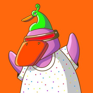 A cartoon illustration of a pink and purple duck-like character wearing a green and yellow hat, red sunglasses, and a white shirt with colorful polka dots against an orange background.