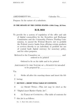 A page of legal text from the U.S. Senate showing AMENDMENT NO. to H.R. 3633, concerning the regulation of digital commodities, central bank digital currency, and the Federal reserve banks.