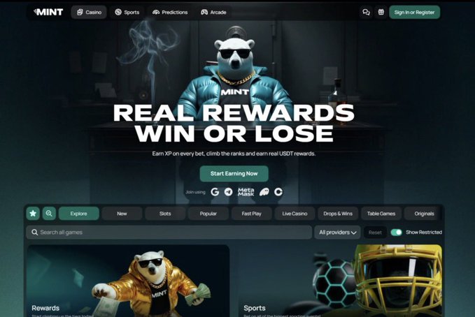 A screenshot of the 'MINT' casino website homepage featuring a bear mascot in sunglasses and a blue jacket, with the headline 'REAL REWARDS WIN OR LOSE' and a 'Start Earning Now' button.