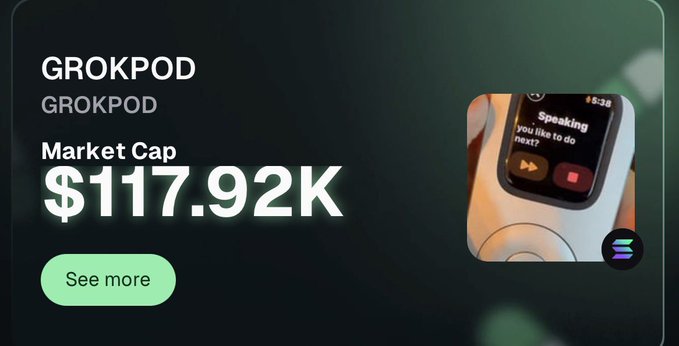 A promotional card for the GROKPOD token displays its market cap of $117.92K alongside an image of a person using a smartwatch voice assistant that reads "Speaking, you like to do next?" The image connects to the post about @usepaid enabling independent monetization through meme coins on Solana, with the GrokPod ticker symbol visually representing the kind of community-driven token creation described.