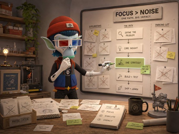 A 3D-rendered scene of a blue goblin-like character with 3D glasses and a red beanie standing at a desk with a whiteboard showing a 'FOCUS > NOISE' strategy diagram.