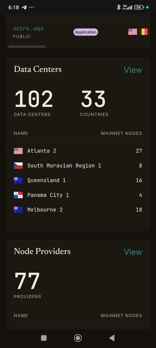 A mobile app screen displaying 'Data Centers' with 102 data centers across 33 countries, listing locations like Atlanta 2 and South Moravian Region 1, followed by 'Node Providers' showing 77 providers.