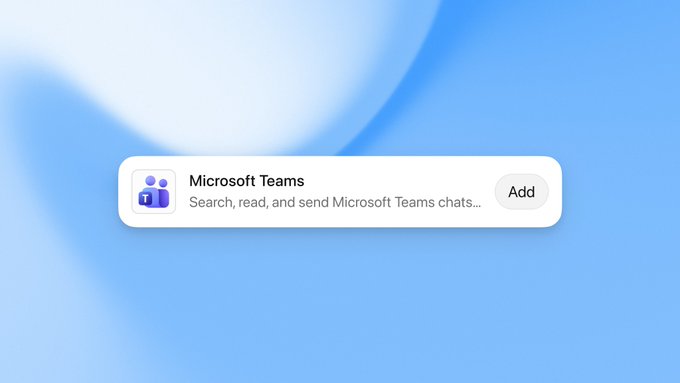 A digital interface showing a Microsoft Teams prompt with an 'Add' button and the description 'Search, read, and send Microsoft Teams chats...' against a blue gradient background.