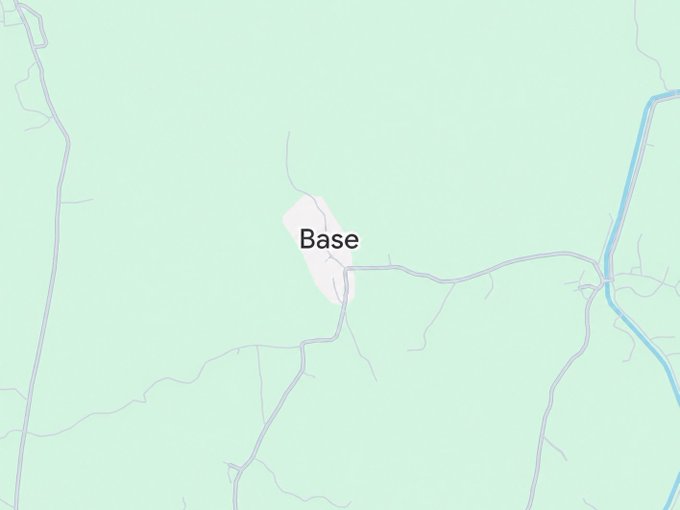 A map showing a small settlement labeled "Base" surrounded by green terrain, with roads radiating outward toward what appears to be a river or waterway on the right side—visually illustrating the wordplay in the caption about being "based in Base."