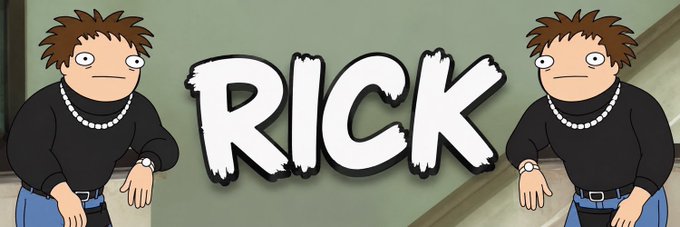 The image features the word "RICK" in bold white bubble-style text, flanked on both sides by mirrored illustrations of a cartoon character with spiky brown hair, a black turtleneck, pearl necklace, and jeans. The meme-style character paired with the simple, prominent name "RICK" reinforces the post's theme of $RICK being a community-driven token built on a single recognizable identity as it launches on Robinhood Chain.