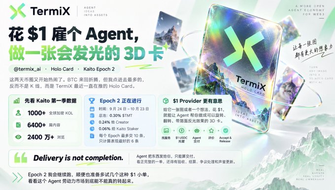 A promotional advertisement for "TermiX" Holo Card featuring an AI Agent theme, with Chinese text including "花$1雇个Agent，做一张会发光的3D卡" and details about Epoch 2, 1000+ KOLs, and 6400+ content pieces.
