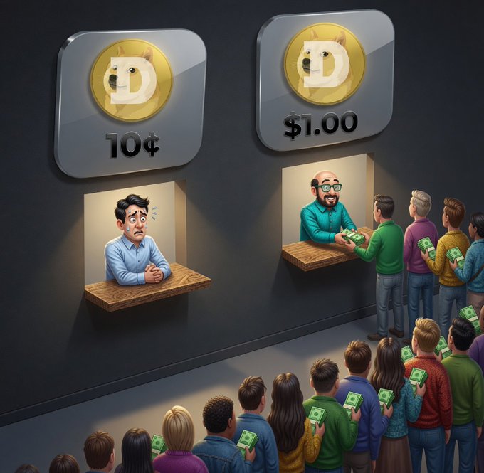 The image presents a scene where a group of people are gathered around two different counters displaying $DOGE coins. One counter has 10¢ coins, while the other has 100¢ ones. The people are either purchasing or selling these coins for various amounts ranging from 1¢ to $1.00 depending on their needs and interests.