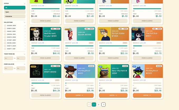 A grid of NFT raffle listings from the Platypus collection, featuring items like "Wall Street Trader #459," "Bandit #2866," "Script Kiddie #7959," "The Bat Club #2511," "NTOPY #1949," and several "Monkeyhood #9500" entries, with prices ranging from $5.53 to $69.29 and most showing "PRIZE CLAIMED" status. The interface displays filters for collections, ticket prices, and prize values, directly corresponding to the announcement of four new live raffles for Platypus NFT holders.