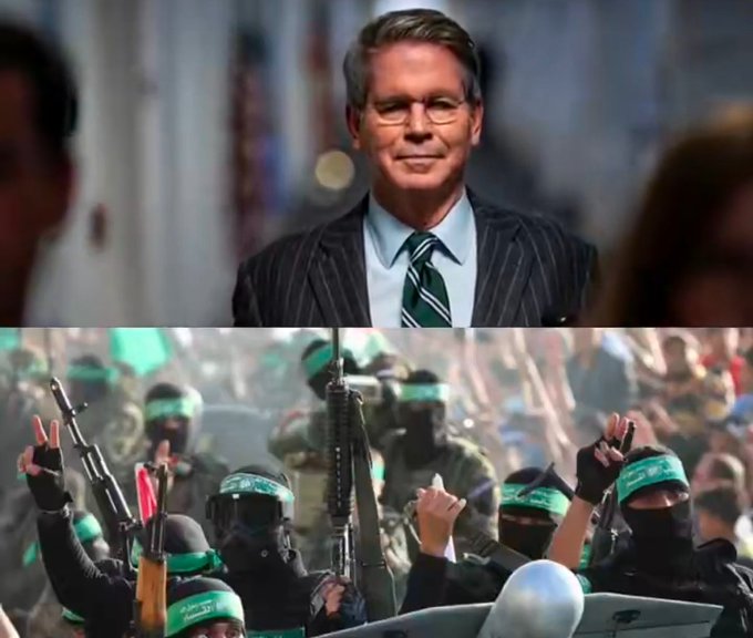A man in a pinstripe suit and tie stands above an image of masked, armed people in green headbands making peace signs.