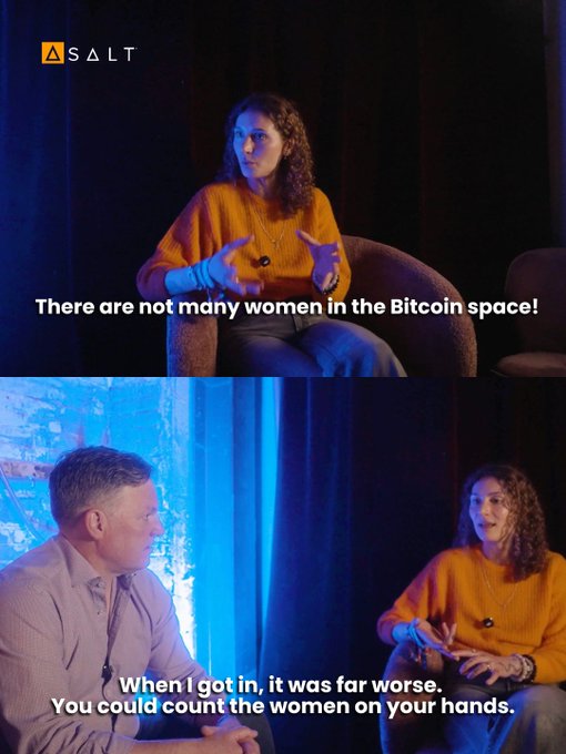 Two screenshots from a Salt video interview featuring captions: 'There are not many women in the Bitcoin space!' and 'When I got in, it was far worse. You could count the women on your hands.'