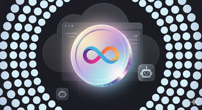 A graphic featuring an infinity symbol inside a glowing iridescent sphere, flanked by small robot icons against a polka dot background.