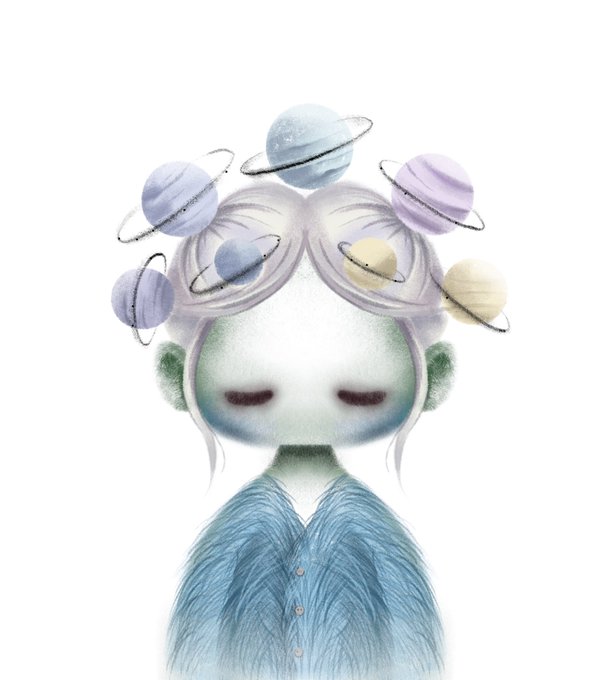An artistic illustration of a serene figure with closed eyes, wearing a blue shirt, with pastel-colored planets orbiting around their head in a dreamy composition.