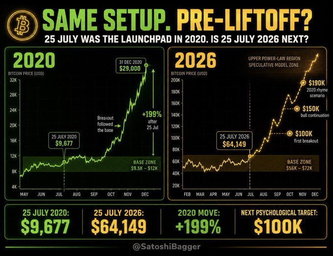 A financial comparison chart titled "SAME SETUP. PRE-LIFTOFF?" comparing Bitcoin's 2020 and 2026 trajectories, noting "25 JULY 2020: $9,677" and "25 JULY 2026: $64,149" with a +199% move, by @SatoshiBagger.