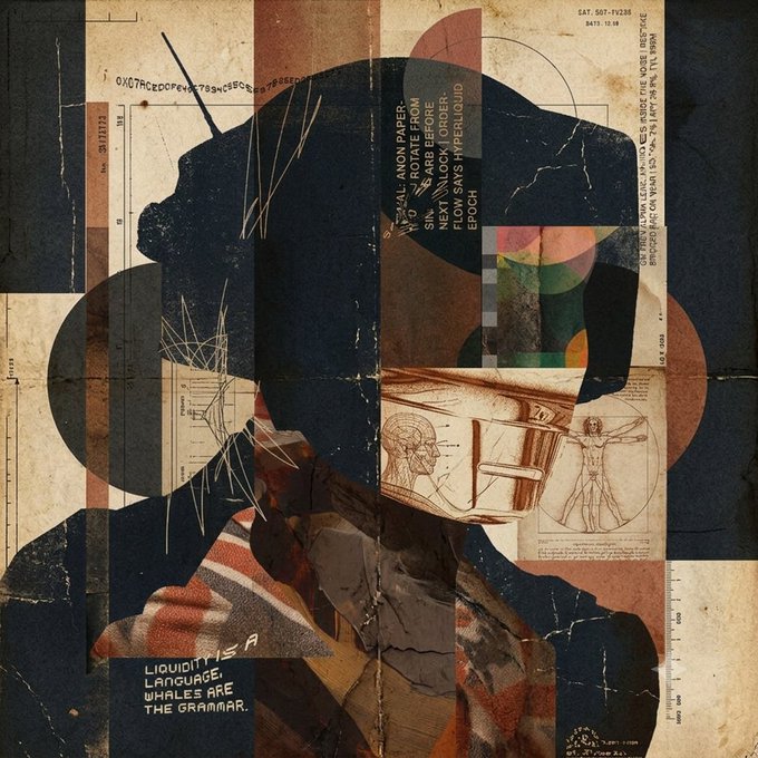 A collage-style artwork featuring a silhouette of a person overlaid with vintage technical drawings, including anatomical sketches and geometric diagrams, with text reading "LIQUIDITY IS A LANGUAGE, WHALES ARE THE GRAMMAR."