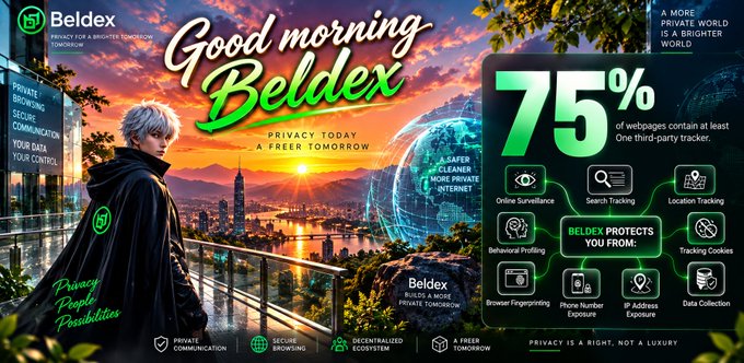 A 'Good morning Beldex' promotional graphic featuring the tagline 'Privacy Today, A Freer Tomorrow' and highlighting that 75% of websites contain at least one third-party tracker, with Beldex offering protection from online surveillance, search tracking, location tracking, behavioral profiling, tracking cookies, browser fingerprinting, phone number exposure, IP address exposure, and data collection.