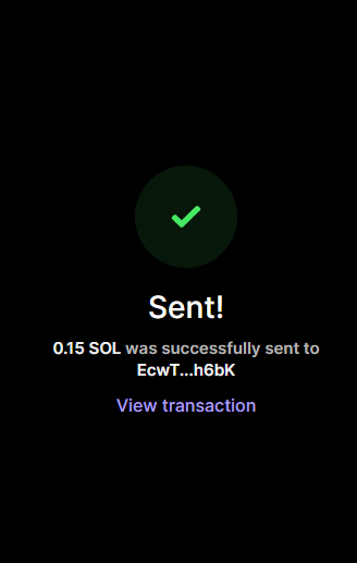 A mobile screen displays a successful transaction confirmation showing "Sent! 0.15 SOL was successfully sent to EcwT...h6bK" with a green checkmark and a "View transaction" link, illustrating the poster's casual intent to send Solana crypto to others active in the chat.