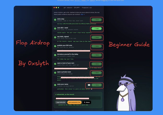 A tutorial titled 'Flop Airdrop Beginner Guide By Oxslyth' showing a Discord interface with completed onboarding steps and reward buttons on a Flappyssel.vc platform.